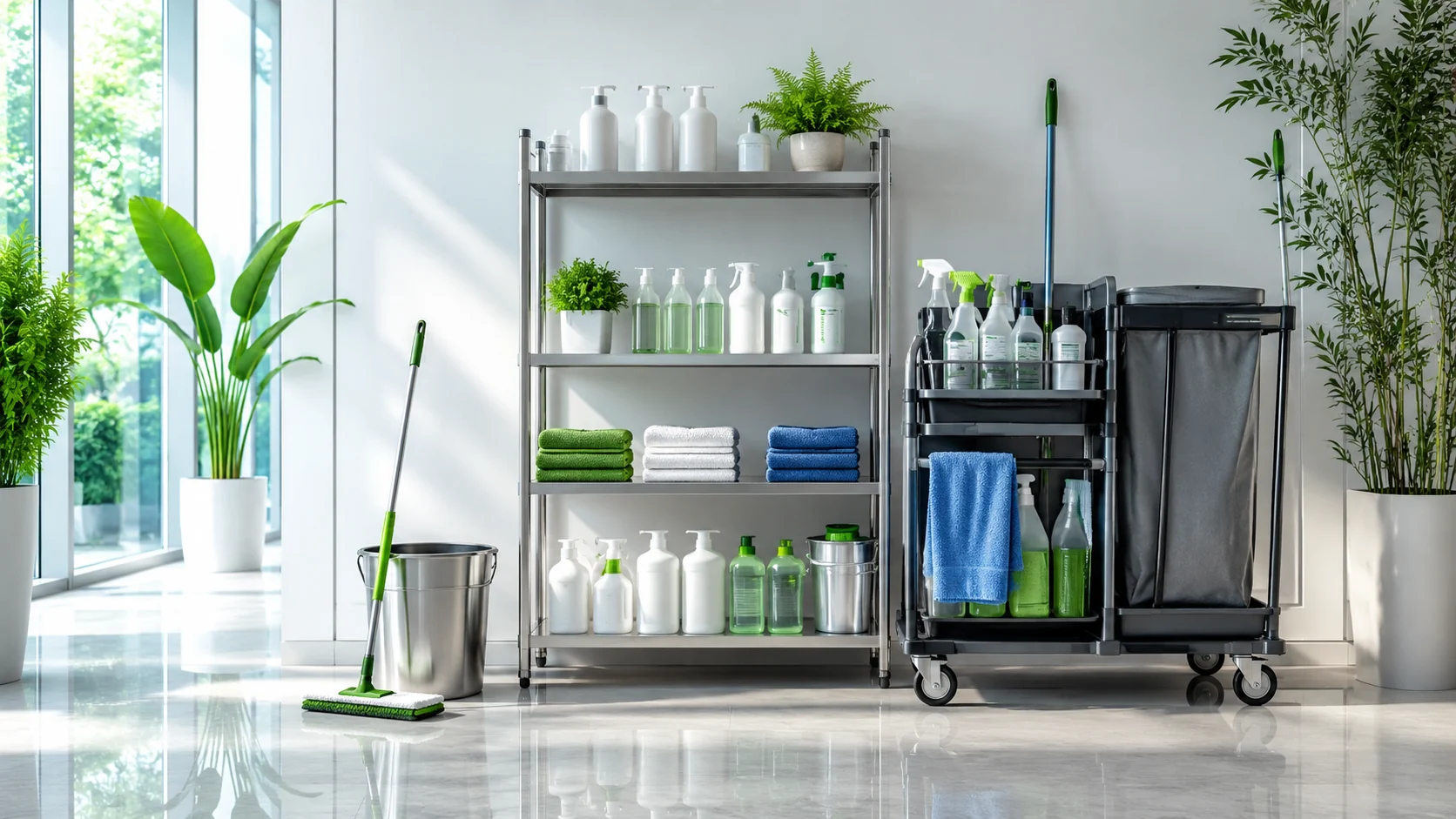 Professional cleaning equipment arranged in a clean space